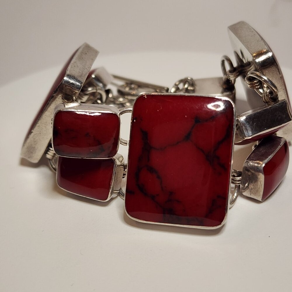 Vintage Heavy Red Jasper 925 Silver Bracelet - Picture 9 of 11